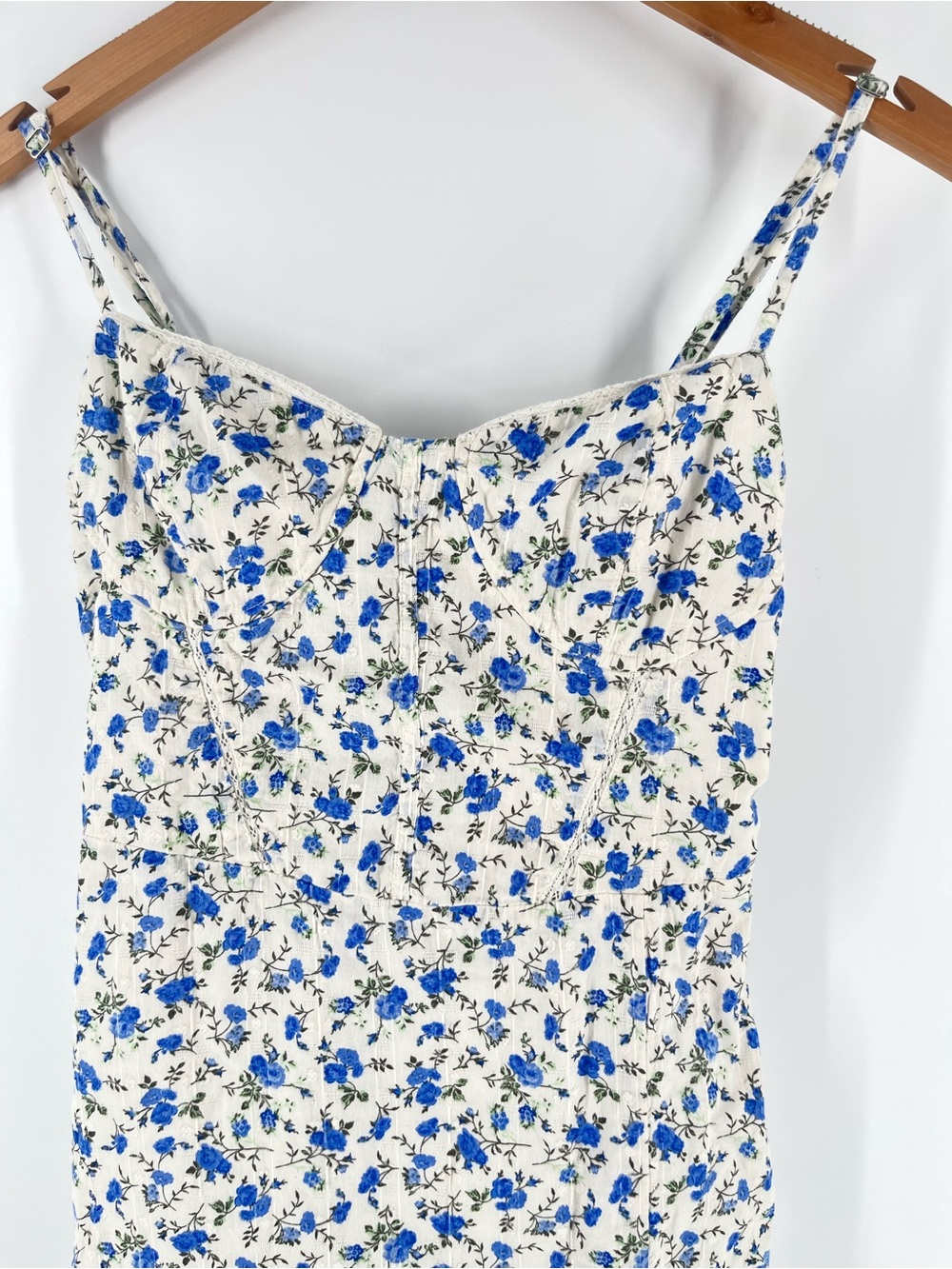 Bershka Blue Floral Corset Midi Dress Lace-Up Back Cotton Lined Women’s L - Picture 8 of 15